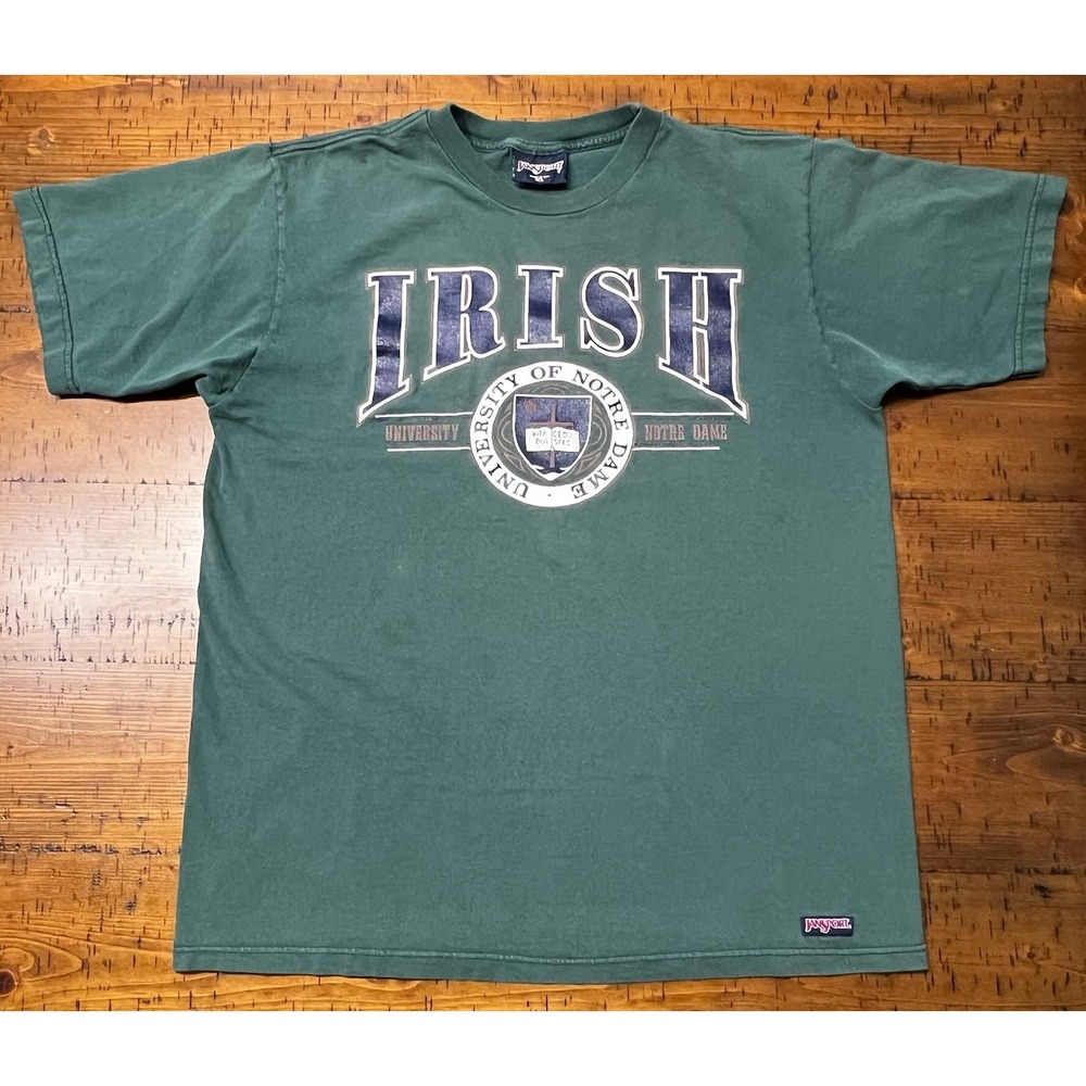 Vintage JanSport Notre Dame Fighting Irish T-Shirt XL Green NCAA College Tee